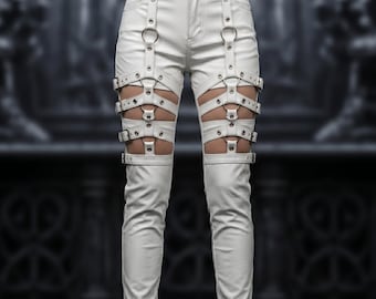 Pantalones de cuero hechos a mano para mujer, con hebilla, de piel de vaca blanca, cintura alta, con aberturas y tirantes, estilo gótico para mujer, estilo punk.