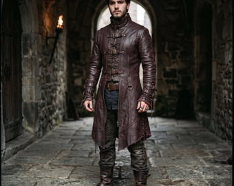 Handmade Men's Maroon Leather Gothic Long Tunic | Steampunk Ranger Coat | Medieval Fantasy Assassin Duster | LARP Cosplay Outerwear