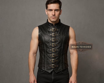 Chaleco de cuero negro con hebilla de guerrero para hombre / Corsé gótico steampunk estilo motero / Chaleco hecho a mano personalizado / Ropa para festivales renacentistas