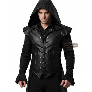 Custom Made Black Leather Halloween Long Vest for Men | Gothic Cosplay Vampire Sleeveless Coat | Medieval Fantasy Leather Vest