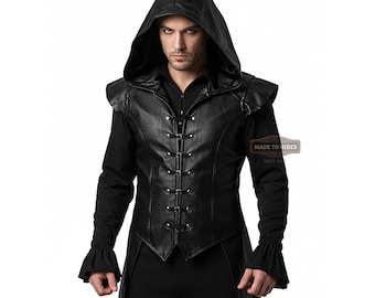 Chaleco largo de cuero negro para Halloween, hecho a medida, para hombre, estilo gótico, cosplay de vampiro, sin mangas, de cuero de fantasía medieval.