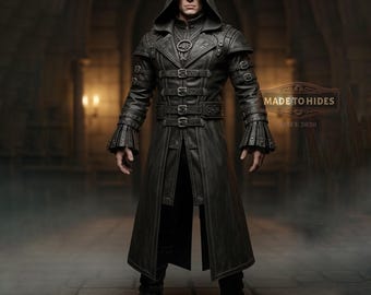 Abrigo largo con capucha de cuero genuino para hombre hecho a mano / Gabardina gótica negra personalizada / Prenda exterior steampunk personalizada / Estilo medieval a medida