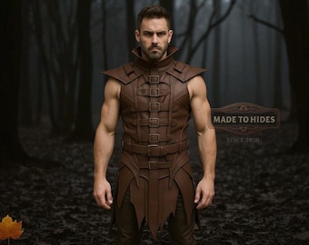 Costume gilet in pelle marrone in stile medievale fatto a mano / Abito in pelle rinascimentale da uomo su misura / Gilet tunica per cosplay fantasy