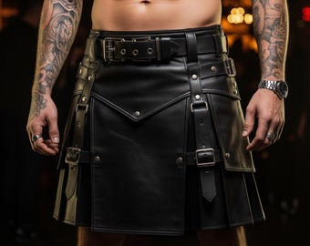 Kilt de cuero negro resistente / Estilo utilitario de piel de vaca premium / Regalo urbano para hombres