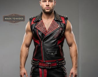 Chaleco de cuero negro y rojo con pinchos hecho a mano / Chaleco punk con espalda abierta personalizado para hombre / Chaqueta sin mangas de cuero genuino / Chaqueta personalizada