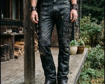 Men's Handcrafted Distressed Black Leather Pants | Buckled Steampunk Biker Trousers | Wasteland Rocker Jeans | Custom Moto Gear