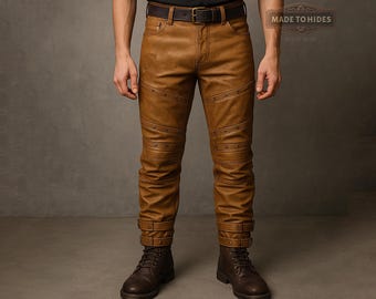Custom Brown Tan Leather Steampunk Pants for Men | Handmade Cosplay Gothic Festival Trousers | Vintage Victorian Bottoms