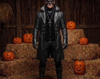 Men's Handcrafted Black Leather Long Trench Coat | Gothic Duster & Vampire Costume Outerwear