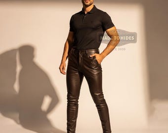 Handmade Men’s Genuine Leather Pants | Custom Brown Trousers | Personalized Classic Streetwear | Tailored Slim Fit