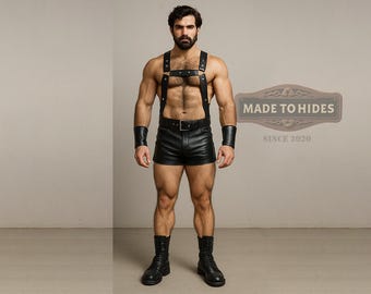 Men's Black Leather Harness Vest & Shorts Set | Adjustable Suspender Style Top - Fitted Belted Shorts | Custom Size Available