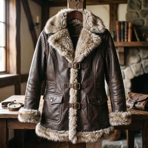 Handmade Men's Distressed Brown Leather Shearling Coat | Fur Trim Winter Jacket | Toggle Button Trench | Cold Weather Outerwear