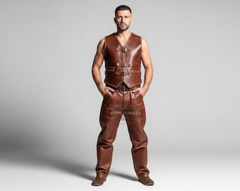 Handmade Men’s Brown Leather Vest & Pants Set | Genuine Leather Medieval Outfit | Custom Renaissance LARP Costume