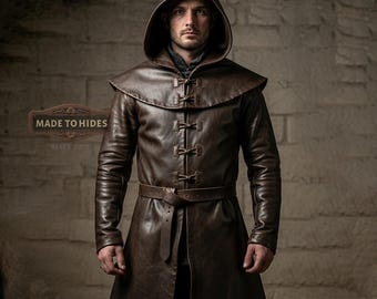 Handmade Men's Genuine Leather Medieval Coat | Custom Brown Hooded Trench | Personalized Renaissance Overcoat | Tailored Fantasy Cloak