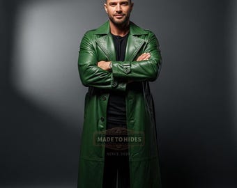 Gabardina de piel auténtica verde hecha a mano para hombre / Abrigo largo personalizado / Chaqueta de invierno personalizada / Chaqueta de piel de vaca a medida