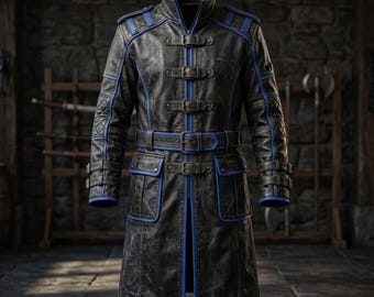 Men's Handcrafted Leather Trench Coat | Distressed Black & Blue Trim Duster | Gothic Cosplay Armor | Custom Alternative Overcoat