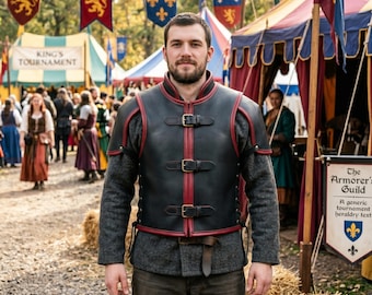 Chaleco medieval de cuero para hombre hecho a mano, de piel de vaca, con hebilla frontal y ribete rojo, chaleco de guerrero, disfraz para LARP para hombre, atuendo de piel de vaca auténtica.