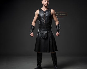 Conjunto de armadura de cuero negro para cosplay hecho a mano / Conjunto de chaleco y kilt medieval para hombre / Conjunto de chaleco y kilt de cuero negro para cosplay personalizado