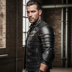 May include: Black leather jacket with multiple buckles, shoulder armor, and the text "MADE TO HIDES SINCE 2010". The jacket has a stand-up collar and a zipper closure. The design features decorative metal studs.