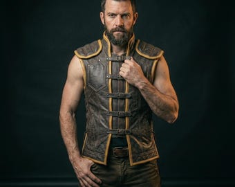 Handmade Men's Handcrafted Leather Armor Vest | Distressed Brown & Yellow Hexagon Panel Doublet | Fantasy Cosplay Sleeveless Jerkin