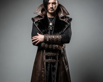 Handmade Genuine Leather Medieval Trench Coat, Gothic Fur Lined Long Jacket, Viking Cosplay Armor, Custom Size Men's Winter Overcoat