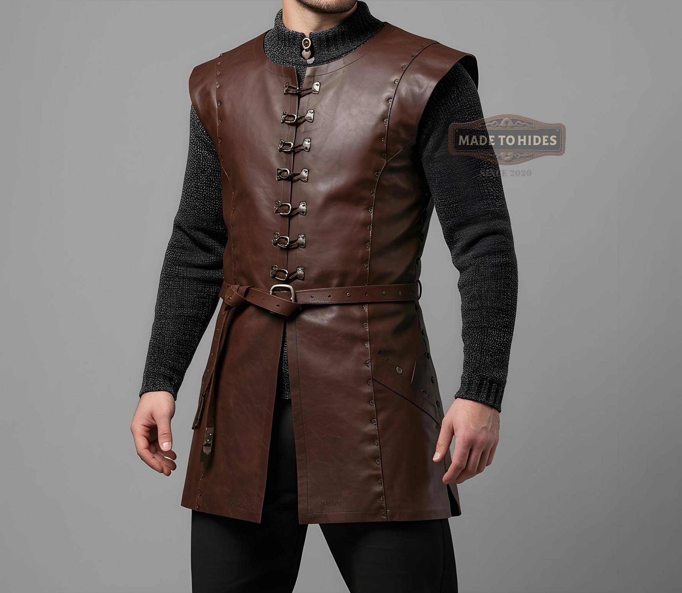 Custom Brown Leather Medieval Long Vest for Men Renaissance