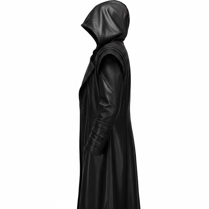 Pu&ograve; includere: Un lungo cappotto in pelle nera con cappuccio. Il cappotto presenta un design su misura con cuciture decorative lungo le cuciture e i polsini. Anche il cappuccio &egrave; rifinito con cuciture. Il cappotto &egrave; progettato per essere indossato sopra altri vestiti.