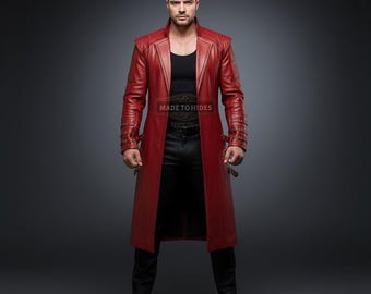 Gabardina de cuero genuino rojo hecha a mano / Abrigo largo de cosplay personalizado / Plumero gótico steampunk a medida / Chaqueta de cuero personalizada