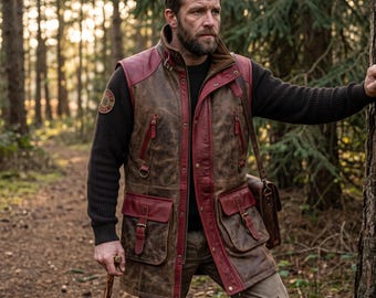Men's Handcrafted Distressed Brown & Red Leather Long Vest| Medieval Ranger Waistcoat | Fantasy Rogue Sleeveless Coat| Custom LARP Outerwear