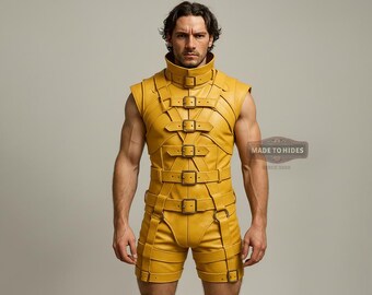 Men's Gladiator Style Cowhide Leather Romper Suit | Tactical Cosplay Armor | Adjustable Combat Look Vest & Shorts Outfit |   Leatherwear