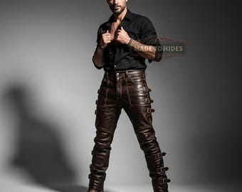 Handmade Men’s Genuine Brown Leather Buckle Pants | Custom Strap Trousers | Personalized Gothic Biker Style | Tailored Slim Fit