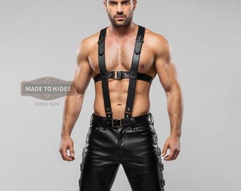 Handmade Men's Genuine Leather Harness Vest and Shorts Set | Custom Buckle Streetwear | Tailored Muscle Fit Outfit | Personalized Punk Style