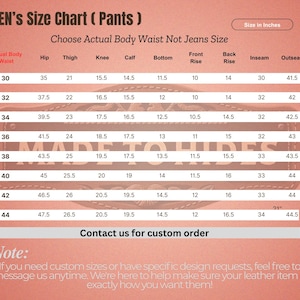 Puede incluir: Una tabla de tallas para pantalones en pulgadas, que muestra las medidas de cintura, cadera, muslo, rodilla, pantorrilla, fondo, tiro delantero, tiro trasero, entrepierna y costura exterior. La tabla incluye tallas de 30 a 44 pulgadas.