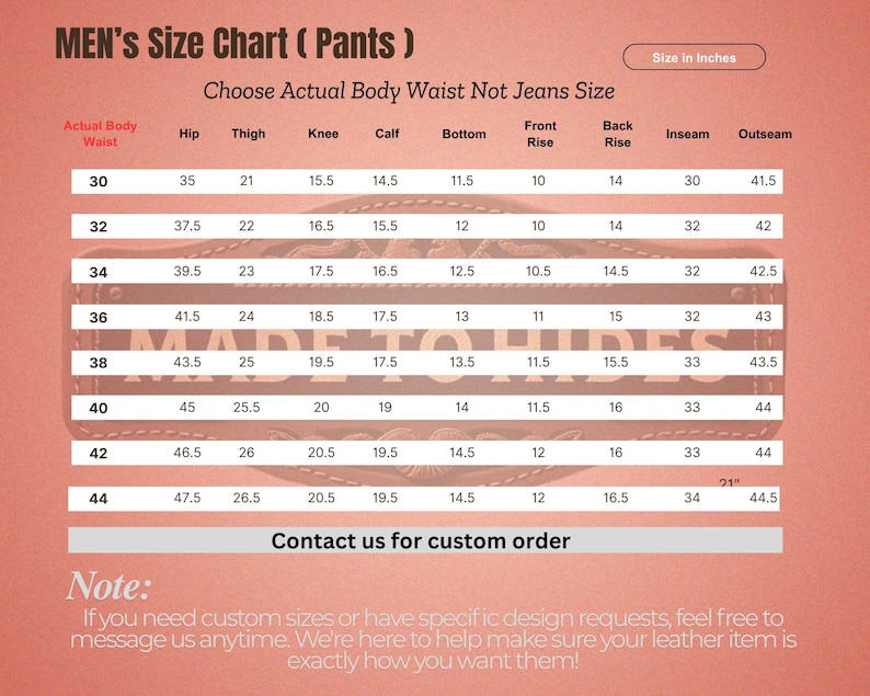 Puede incluir: Una tabla de tallas para pantalones en pulgadas, que muestra las medidas de cintura, cadera, muslo, rodilla, pantorrilla, fondo, tiro delantero, tiro trasero, entrepierna y costura exterior. La tabla incluye tallas de 30 a 44 pulgadas.