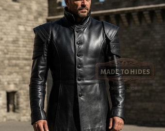 Handmade Black Leather Coat & Pants Set | Custom Medieval Fantasy Outfit | Tailored Cosplay Streetwear