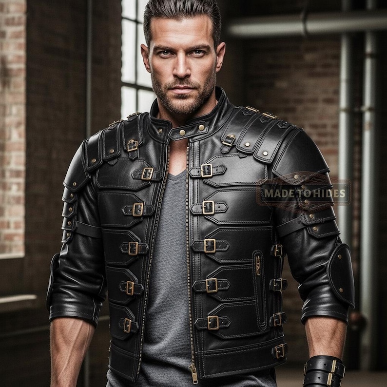 May include: Black leather jacket with multiple buckles and shoulder accents. The jacket has a round collar and a zipper closure. The text "MADE TO HIDES" is visible on the right side of the jacket. The jacket is worn over a gray shirt.