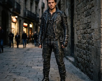 Handmade Men's Leather Biker Outfit Black Cowhide Jacket and Pants Set Gothic Industrial Suit Multi Buckle Studded Motorcycle Leather Set