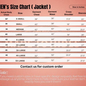 May include: A jacket size chart for men, with measurements in inches. The chart includes sizes from X-Small to 5X-Large, detailing actual body chest, garment chest, waist, cross shoulder, and sleeve lengths. The text "Contact us for custom order" is also visible.