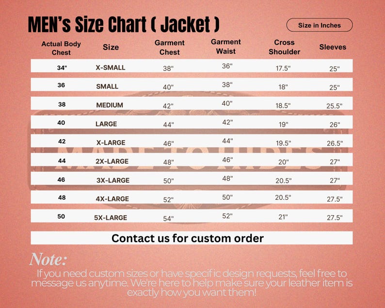 May include: A jacket size chart for men, with measurements in inches. The chart includes sizes from X-Small to 5X-Large, detailing actual body chest, garment chest, waist, cross shoulder, and sleeve lengths. The text "Contact us for custom order" is also visible.