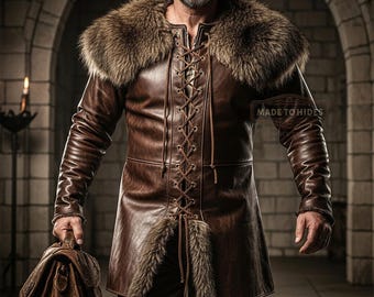 Handmade Men’s Genuine Leather Fur Tunic Coat | Custom Brown Medieval LARP Jacket | Rustic Fantasy Cosplay
