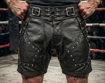Pantalones cortos de cuero para hombre hechos a mano, de piel de vaca negra, con hebilla y tachuelas, pantalones cortos de cuero de verano, pantalones cortos góticos punk para hombre.