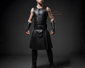 Conjunto de chaleco y kilt con armadura medieval de cuero negro personalizado / Conjunto de kilt y chaleco de cosplay para hombre / Conjunto de chaleco y kilt de cuero clásico