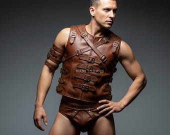 Handmade Brown Leather Buckle Vest & Armor Set | Genuine Steampunk Festival Outfit | Custom Cosplay Renaissance Wear