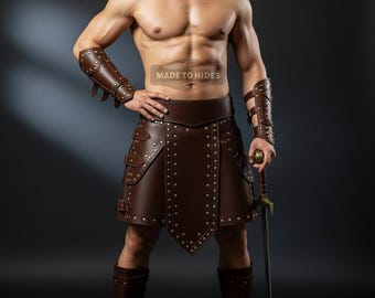 Handgemaakte bruinleren gladiatorkilt | Middeleeuwse LARP-rok | Aangepaste leren kilt voor cosplay- en renaissancefeest