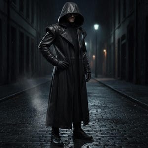 Pu&ograve; includere: Lungo cappotto nero in pelle con cappuccio, con cuciture e dettagli intricati. Il cappotto presenta un colletto alto, dettagli sulle spalle e viene indossato con guanti e stivali neri. L'immagine &egrave; ambientata in un vicolo buio e piovoso.