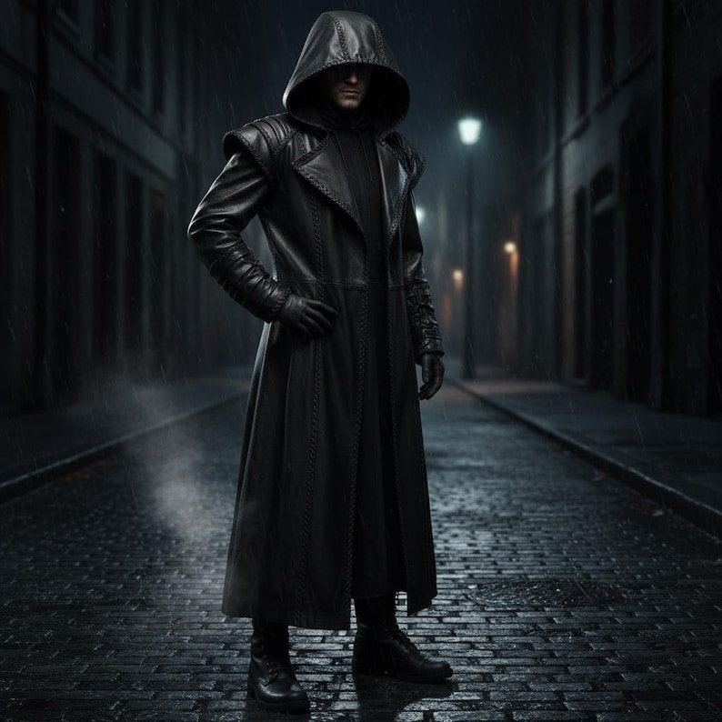 Pu&ograve; includere: Lungo cappotto nero in pelle con cappuccio, con cuciture e dettagli intricati. Il cappotto presenta un colletto alto, dettagli sulle spalle e viene indossato con guanti e stivali neri. L'immagine &egrave; ambientata in un vicolo buio e piovoso.