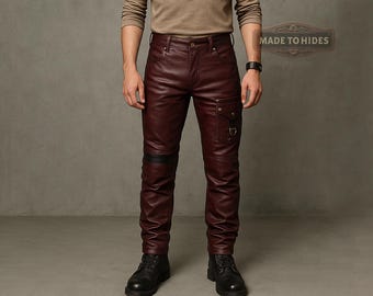 Custom Burgundy Leather Steampunk Pants for Men | Gothic Cosplay Festival Trousers | Handmade Victorian Bottoms