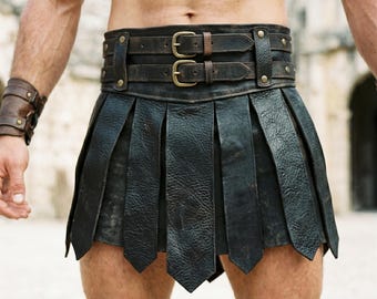 Kilt da gladiatore da uomo in pelle bovina, set di armatura spartana, bracciali con doppia fibbia, costume da kilt romano, LARP, cosplay medievale