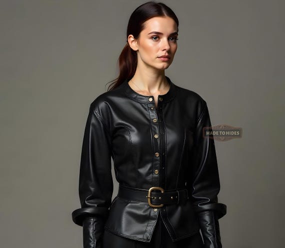 Made to Hide Custom Black Leather Cosplay Shirt for Women | Women's Leather Costume Shirt | Black Leather Cosplay Top | Custom Leather Shirt