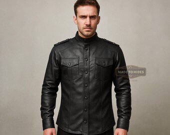 Custom Made Black Leather Steampunk Shirt for Men | Gothic Cosplay Jacket Top | Handmade Festival Costume