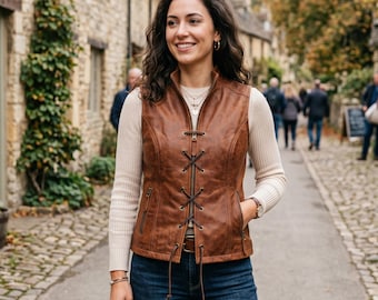 Handmade Women  Leather Lace Up Vest High Collar Corset Waistcoat Genuine Leather Slim Fit Gothic Steampunk Brown Renaissance Vest Top
